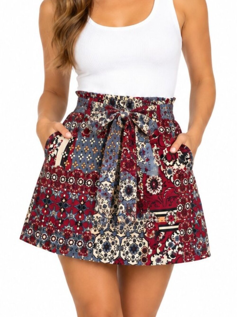 Dina Be Skirt Womens S Paisley Floral Boho Belted Mini Lined Pockets Made in USA
